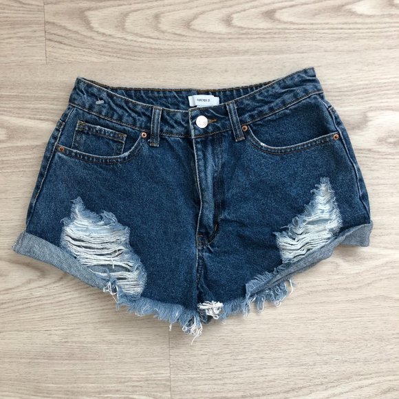 Forever 21 Womens Distressed cut-off Dark blue Denim shorts Size 26 - Picture 1 of 5